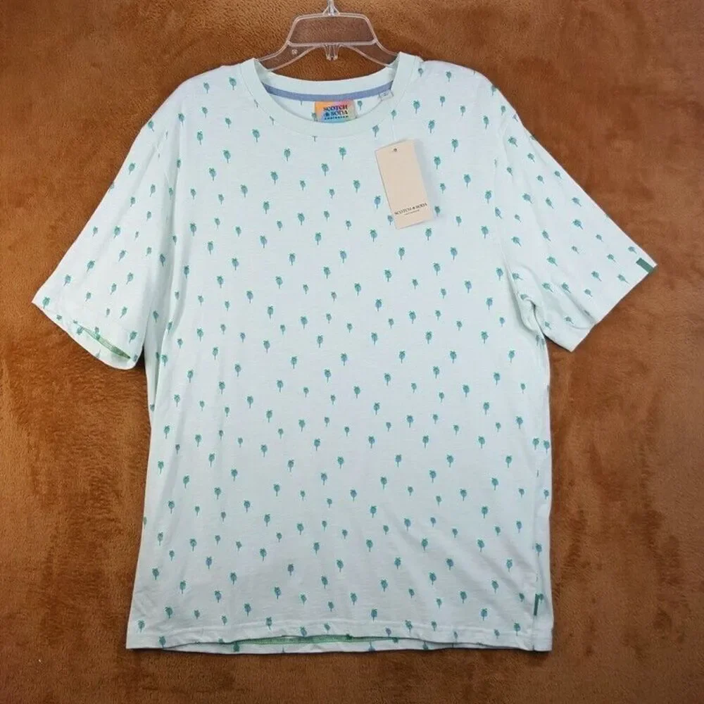 SCOTCH & SODA Mens Shirt XL Green Pullover Crew Mini Palm Floral Tee 100% Cotton